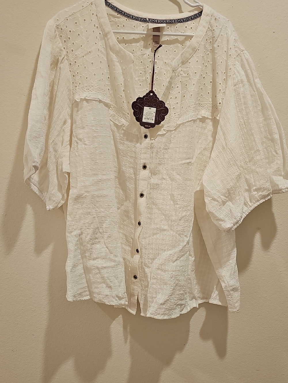 Knox Rose White Eyelet Yoke Button-Front Blouse